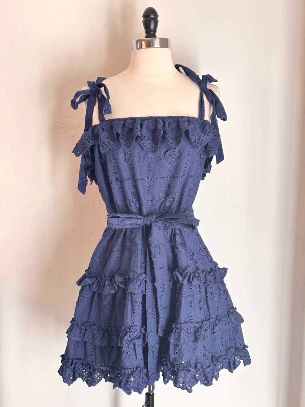 Yumi Kim Amira Eyelet Mini Dress  Tie Shoulder Tiered Skirt Navy, Medium
